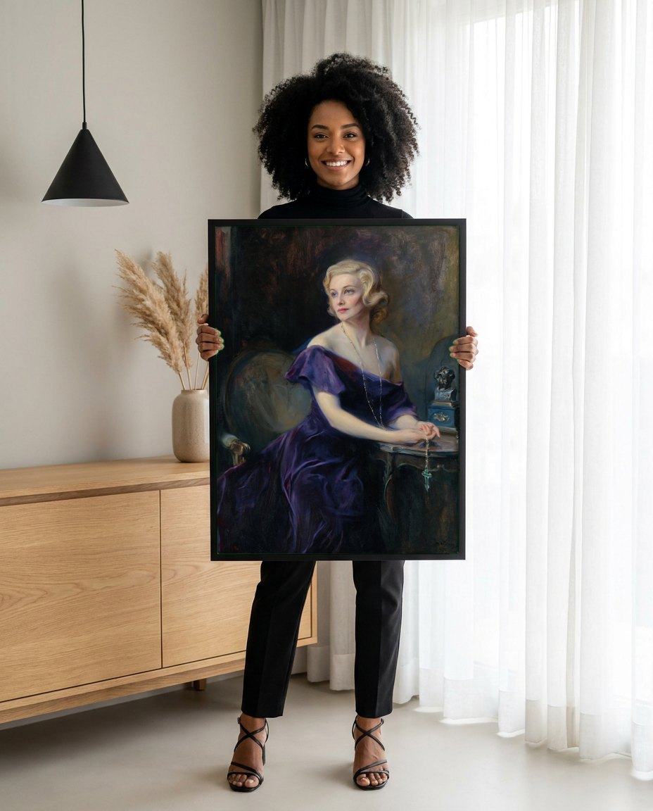 Quadro Decorativo Retrato de Mulher Elegante - Philip Alexius de László | modelo apresentando o quadro emoldurado