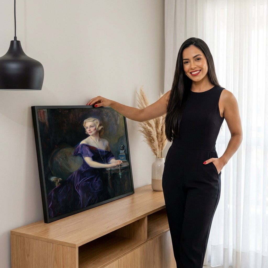 Quadro Decorativo Retrato de Mulher Elegante - Philip Alexius de László | modelo apresentando o quadro emoldurado