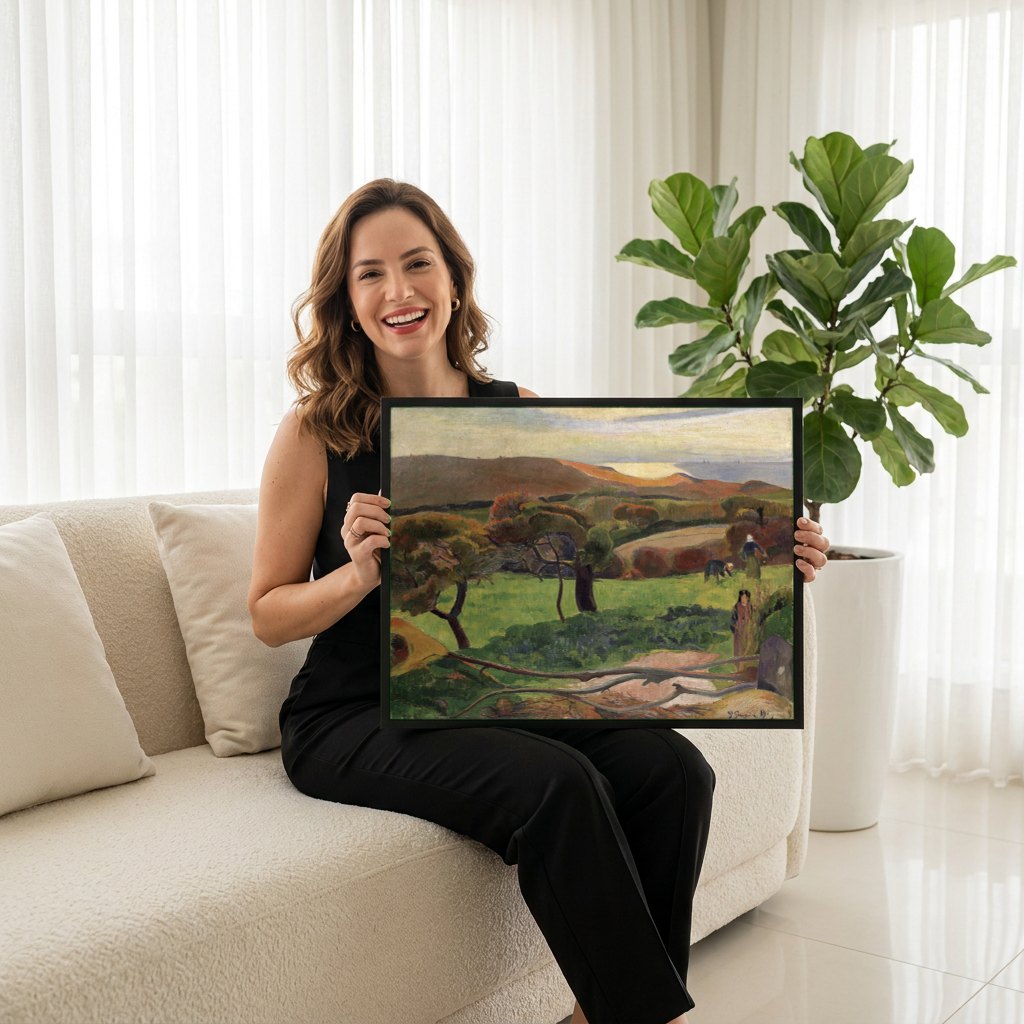 Quadro Decorativo Paisagem na Bretanha - Gauguin | modelo apresentando o quadro emoldurado