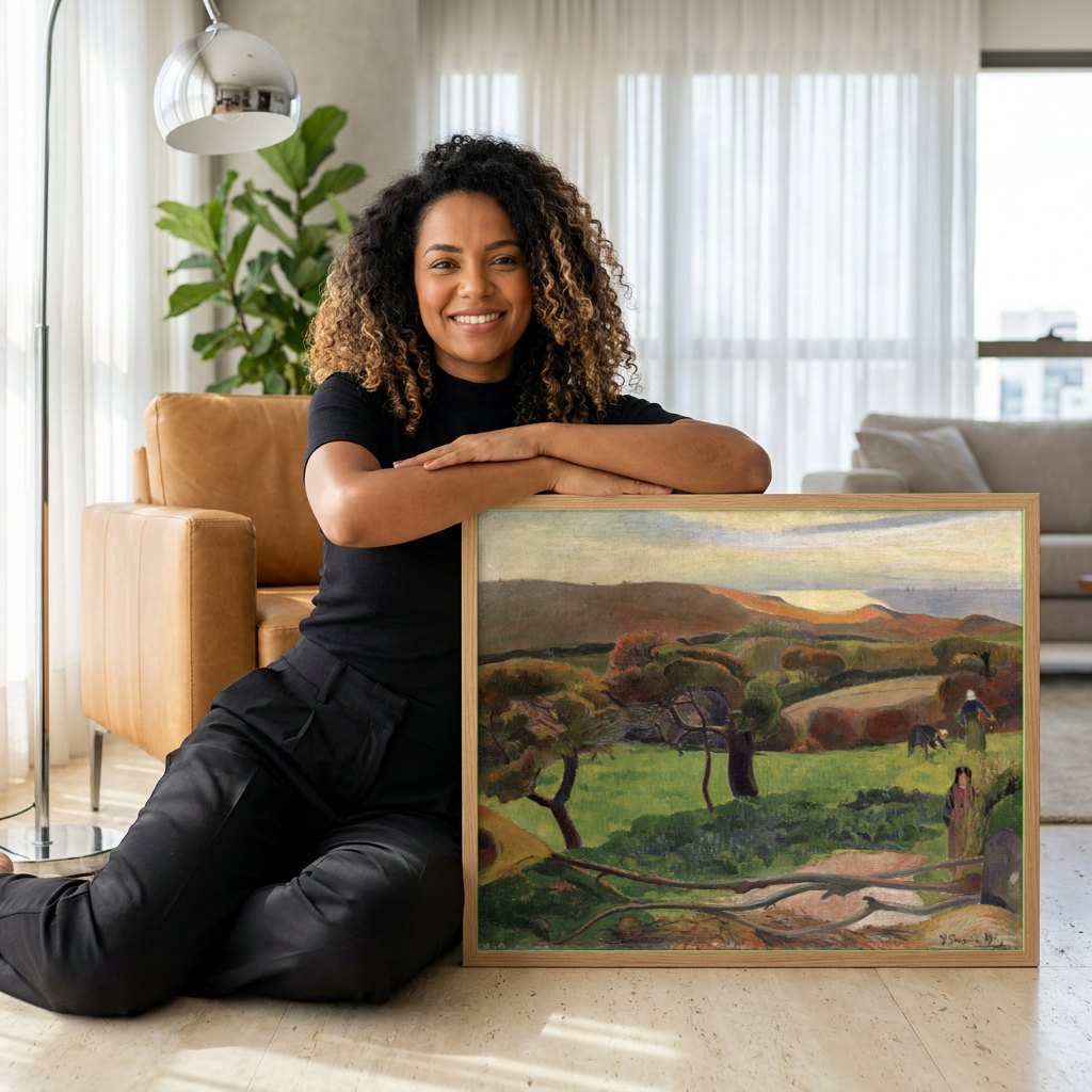 Quadro Decorativo Paisagem na Bretanha - Gauguin | modelo apresentando o quadro emoldurado