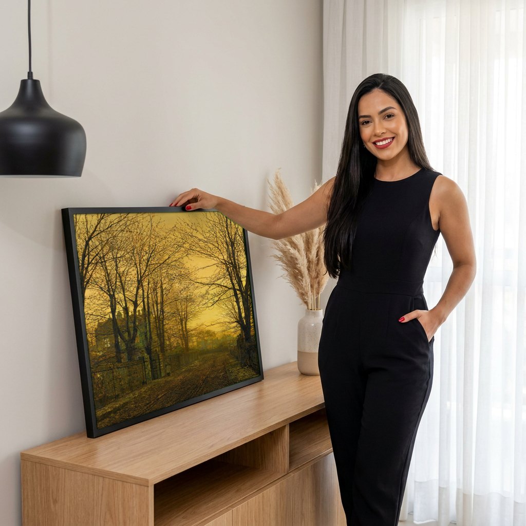 Quadro Decorativo A Chegada do Inverno - Grimshaw | modelo apresentando o quadro emoldurado