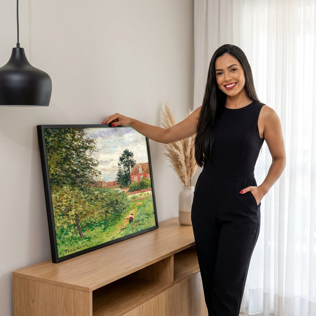 Quadro Decorativo Campo de Maçãs em Éragny - Pissarro | modelo apresentando o quadro emoldurado