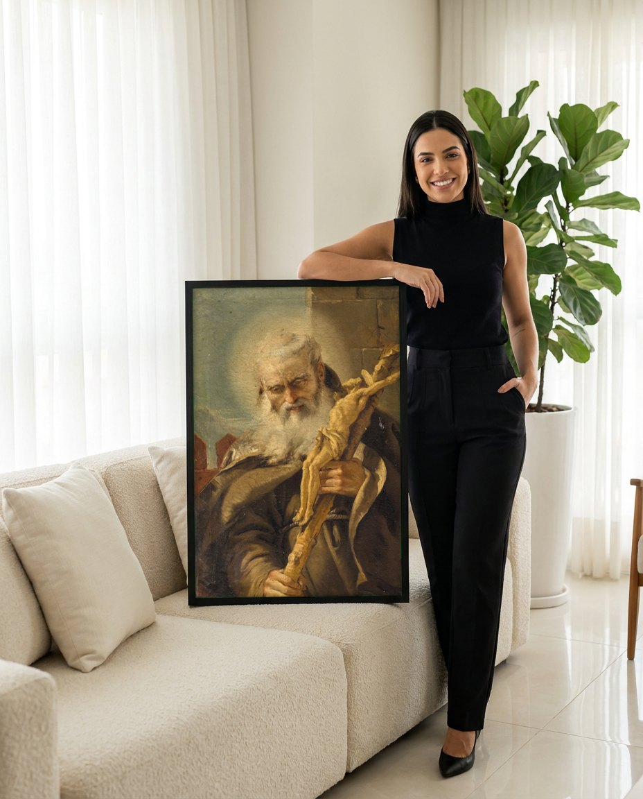 Quadro Decorativo Santo com Crucifixo - G. D. Tiepolo | modelo apresentando o quadro emoldurado