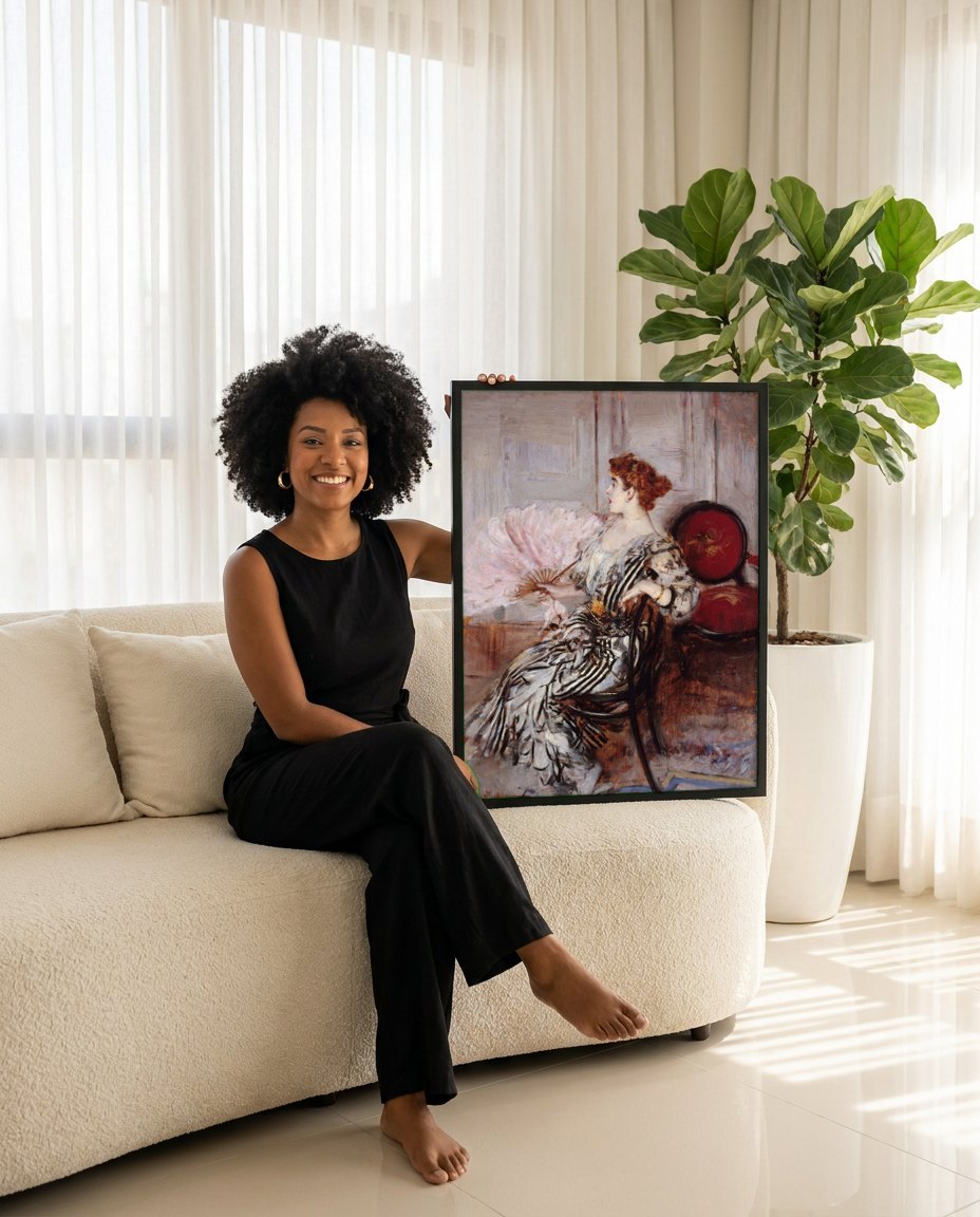 Quadro Decorativo A Dama do Leque Rosa - Giovanni Boldini | modelo apresentando o quadro emoldurado