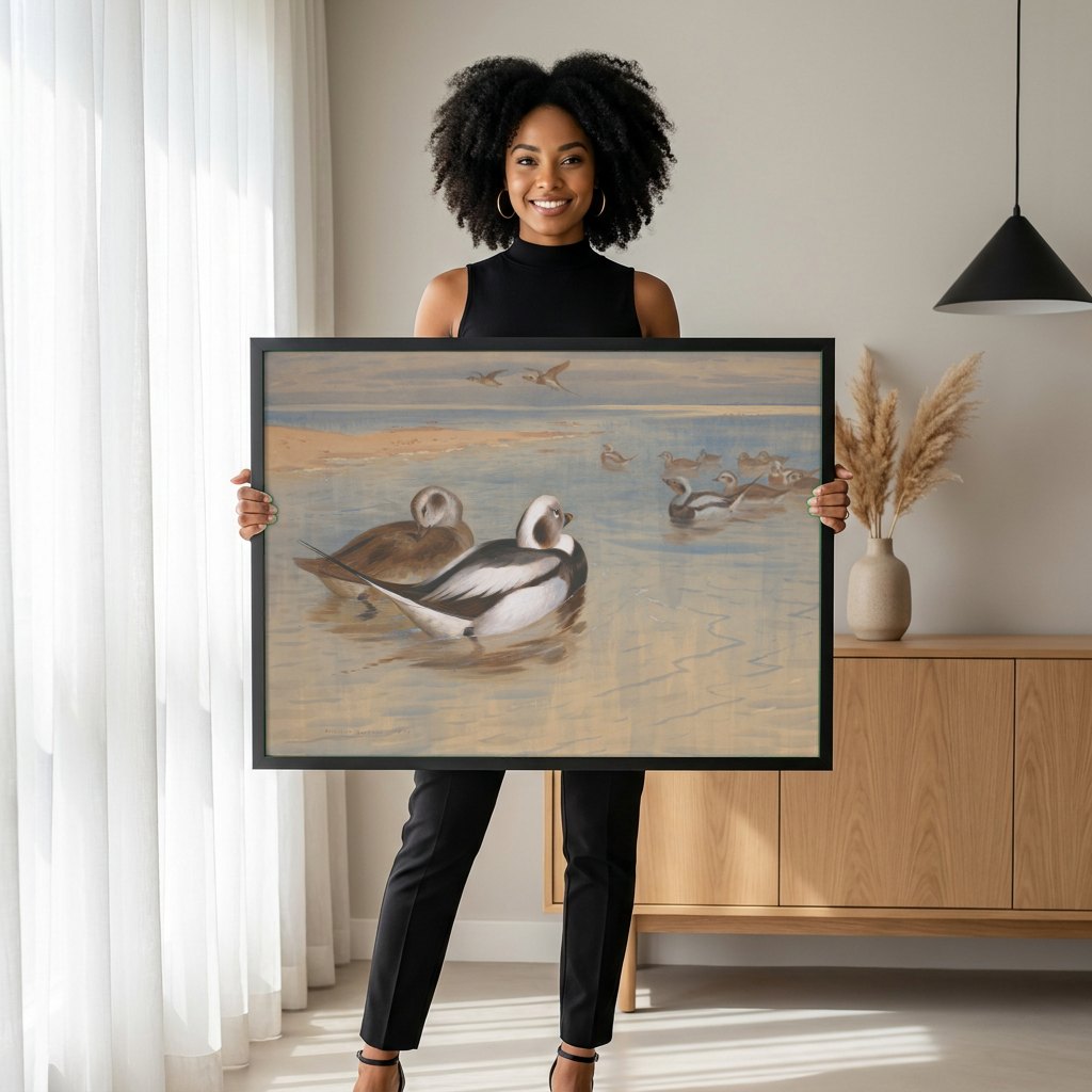 Quadro Decorativo Patos Selvagens no Lago - Thorburn | modelo apresentando o quadro emoldurado