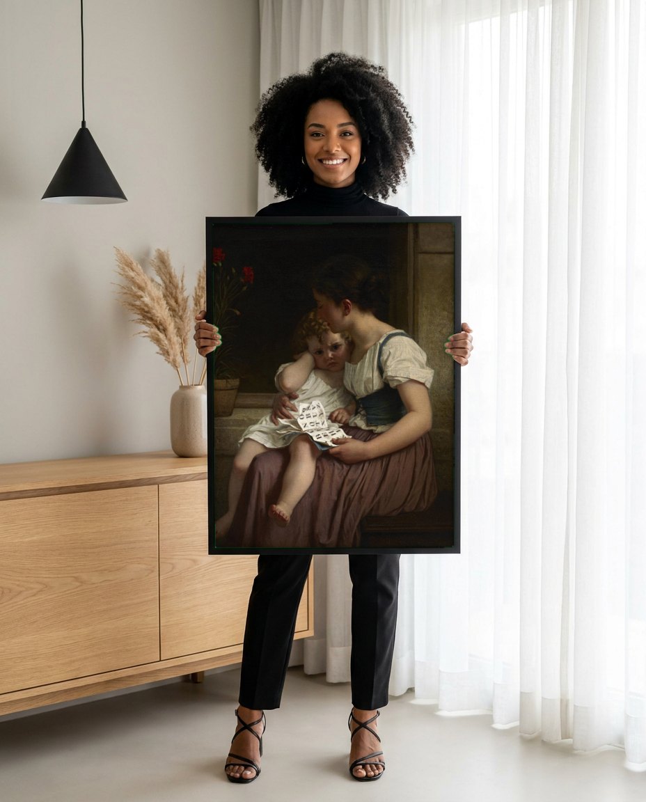 Quadro Decorativo A Lição de Leitura - Hugues Merle | modelo apresentando o quadro emoldurado