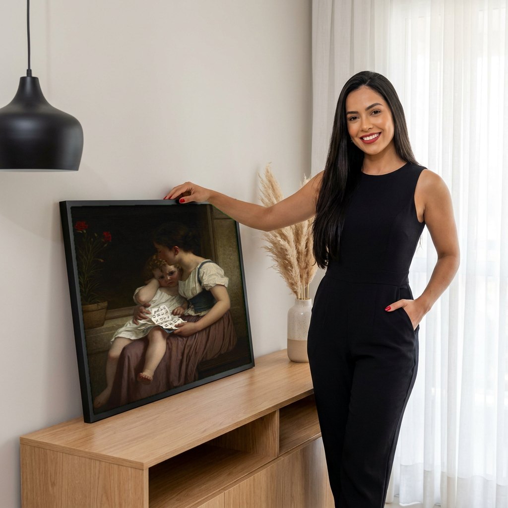 Quadro Decorativo A Lição de Leitura - Hugues Merle | modelo apresentando o quadro emoldurado