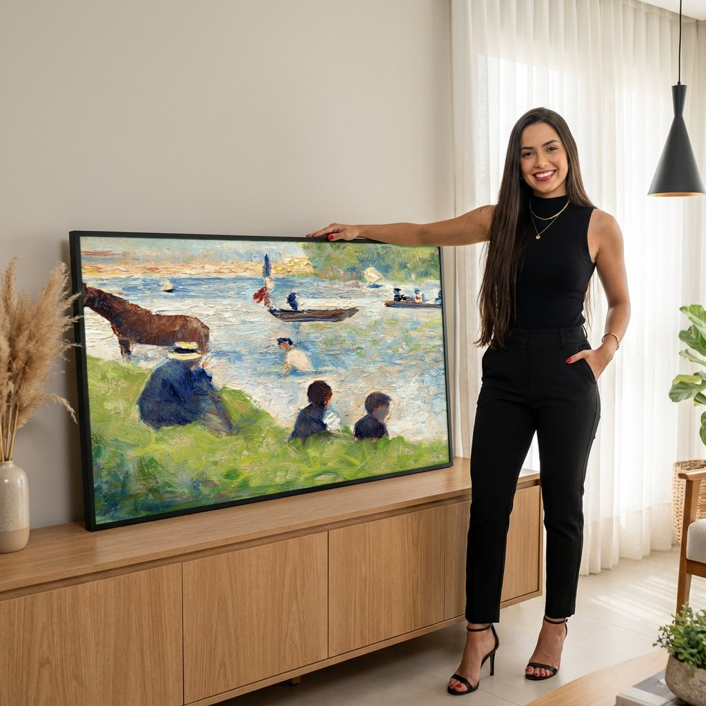 Quadro Decorativo Cena de Verao no Rio - Georges Seurat | modelo apresentando o quadro emoldurado
