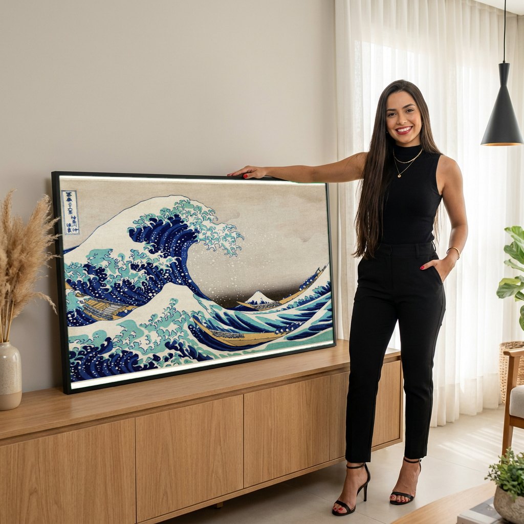 Quadro Decorativo A Grande Onda de Kanagawa - Hokusai | modelo apresentando o quadro emoldurado