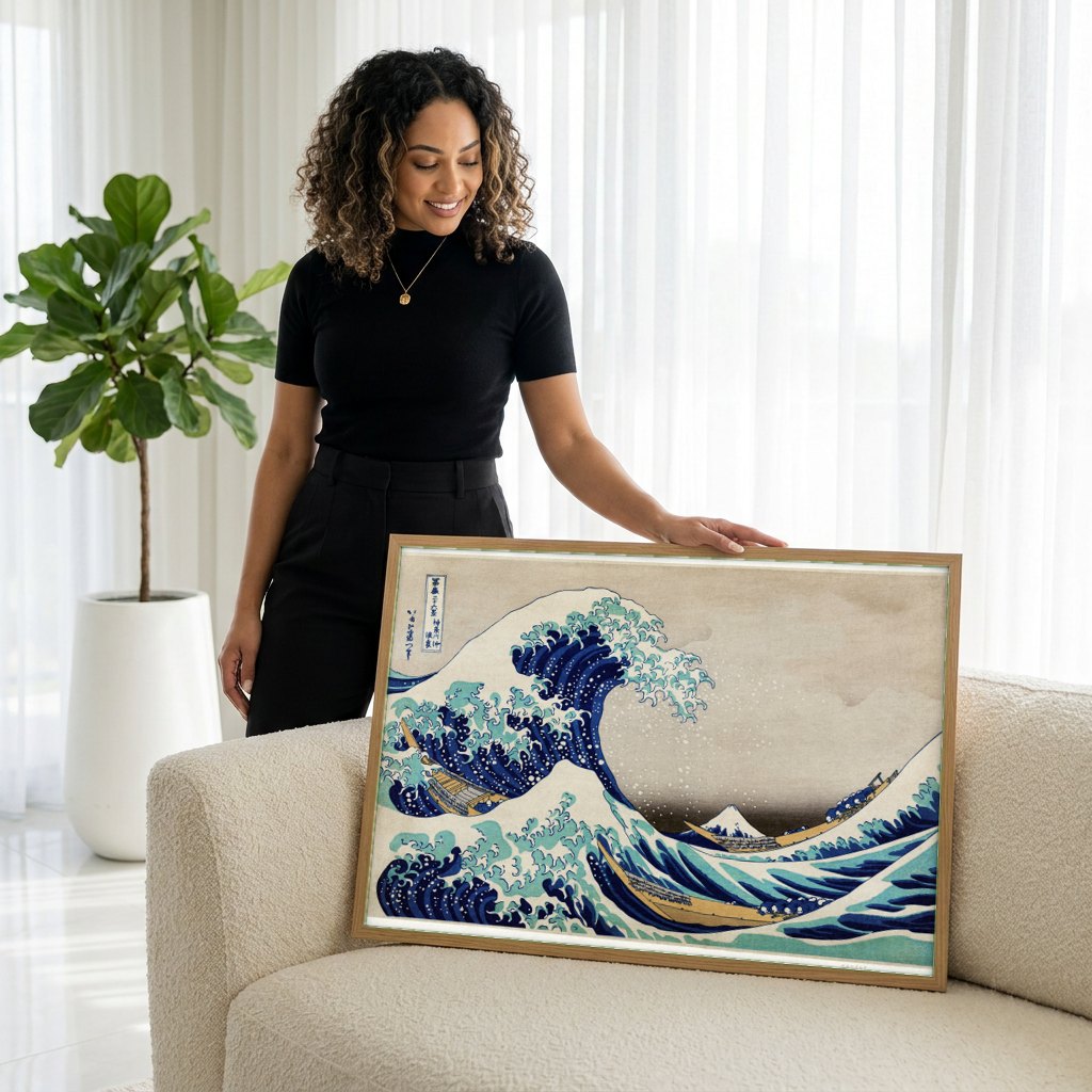 Quadro Decorativo A Grande Onda de Kanagawa - Hokusai | modelo apresentando o quadro emoldurado