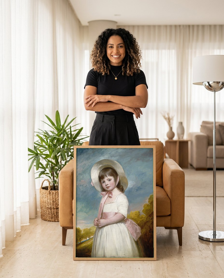 Quadro Decorativo Retrato Infantil - George Romney | modelo apresentando o quadro emoldurado