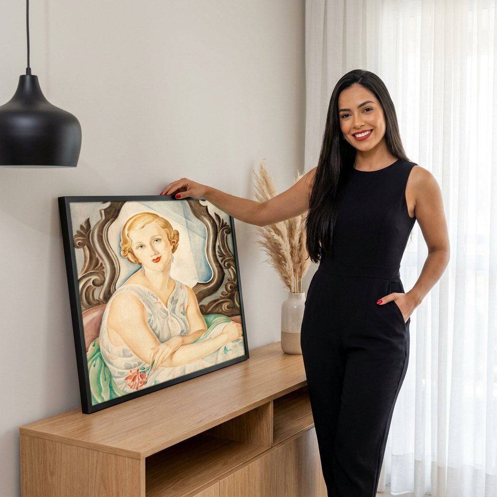 Quadro Decorativo Retrato de Mulher Elegante - Gerda Wegener | modelo apresentando o quadro emoldurado