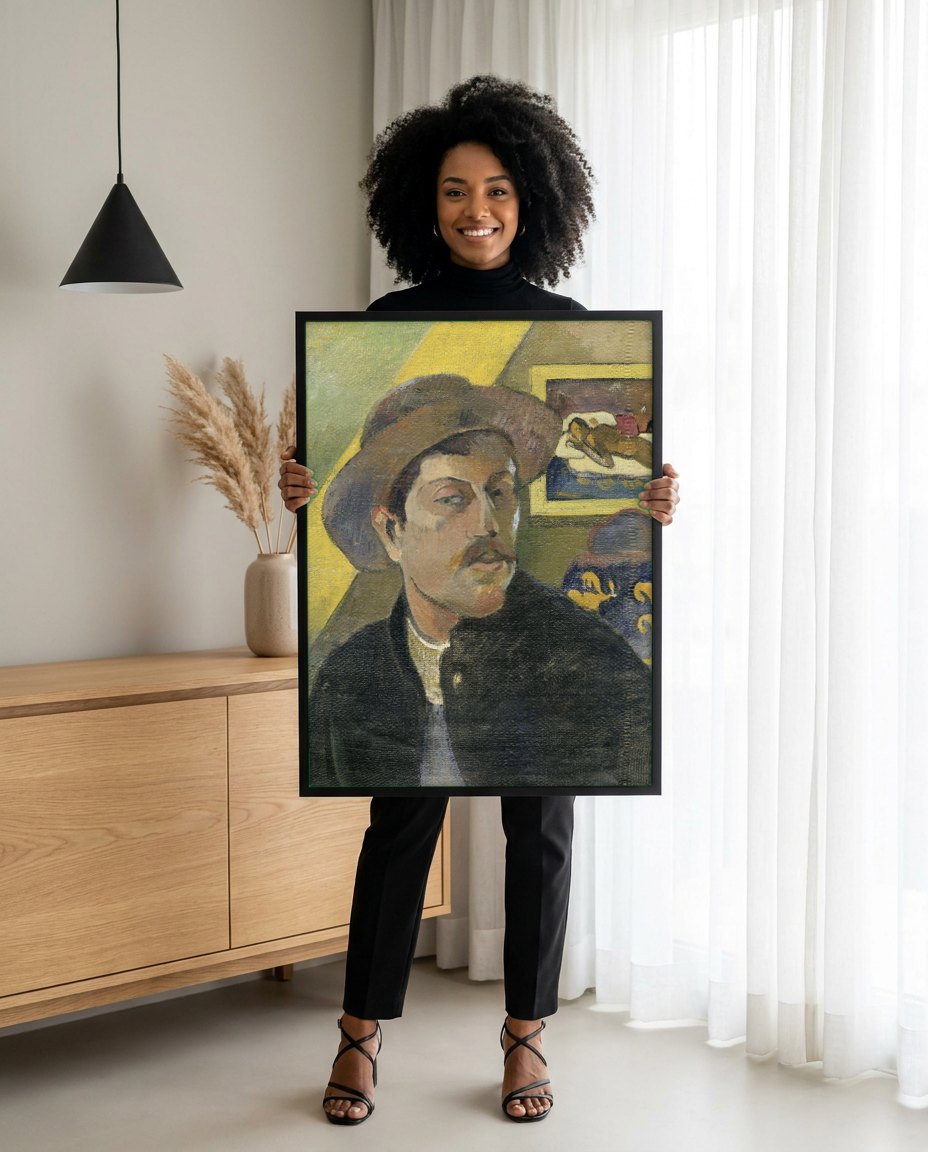 Quadro Decorativo Autorretrato - Paul Gauguin | modelo apresentando o quadro emoldurado
