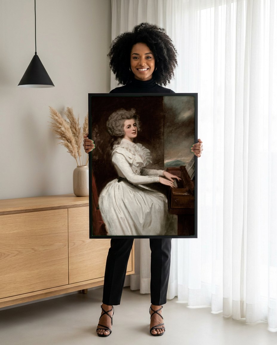 Quadro Decorativo Senhora ao Piano - George Romney | modelo apresentando o quadro emoldurado