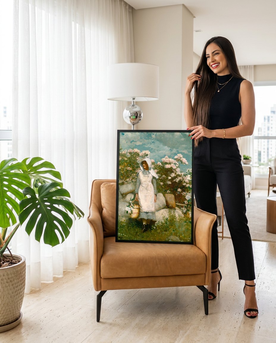 Quadro Decorativo 'Flower Garden and Bungalow' - Winslow Homer | modelo apresentando o quadro emoldurado