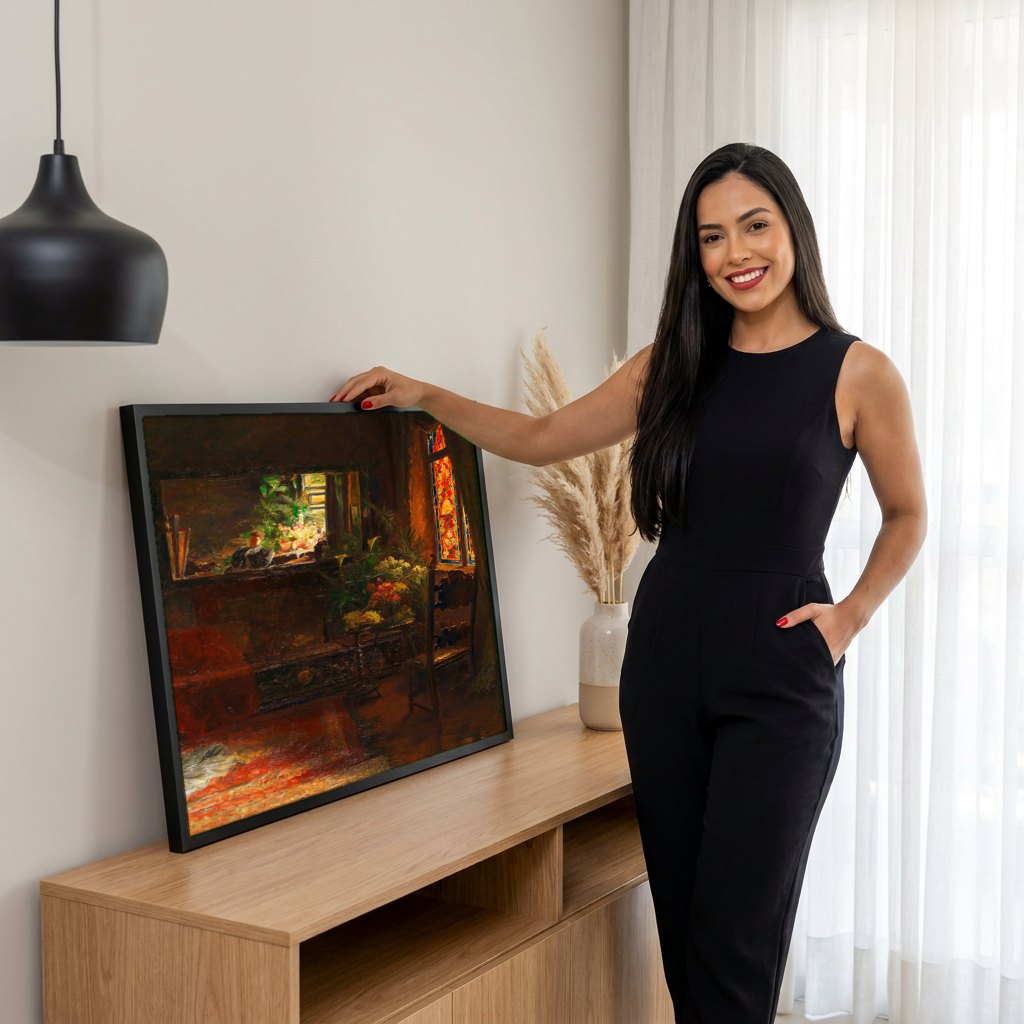 Quadro Decorativo Interior Iluminado - Olga Wisinger-Florian | modelo apresentando o quadro emoldurado