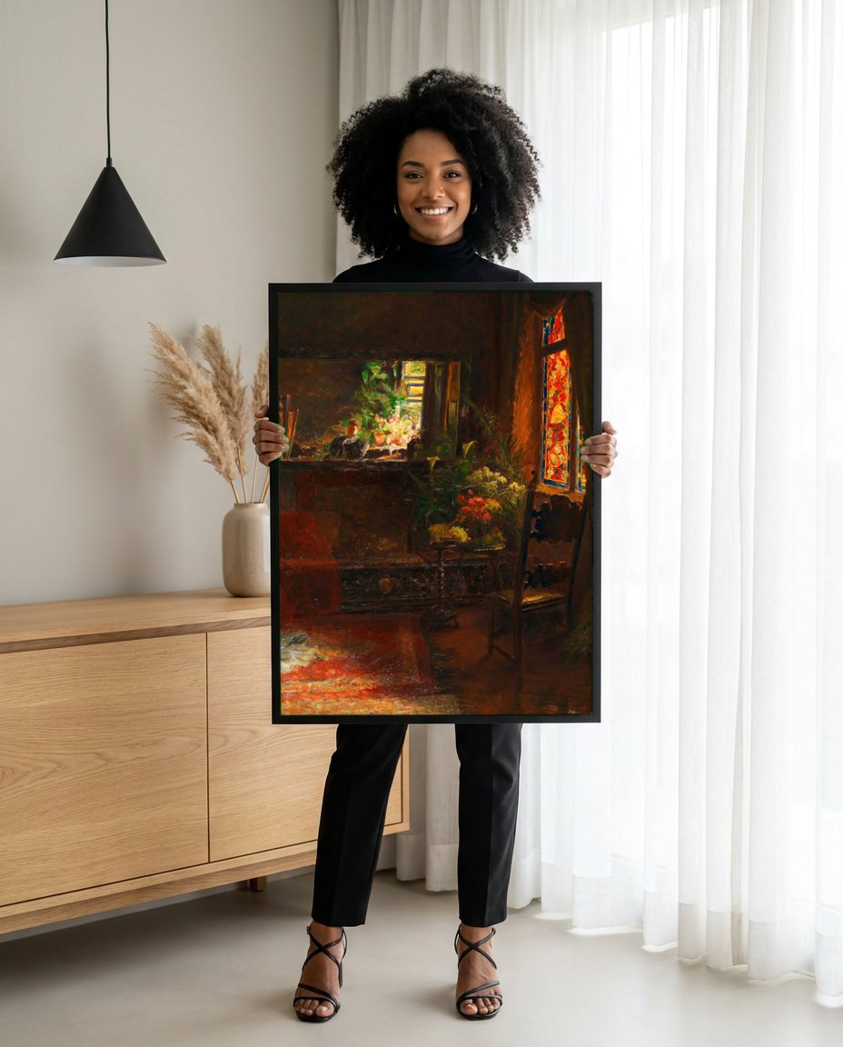 Quadro Decorativo Interior Iluminado - Olga Wisinger-Florian | modelo apresentando o quadro emoldurado