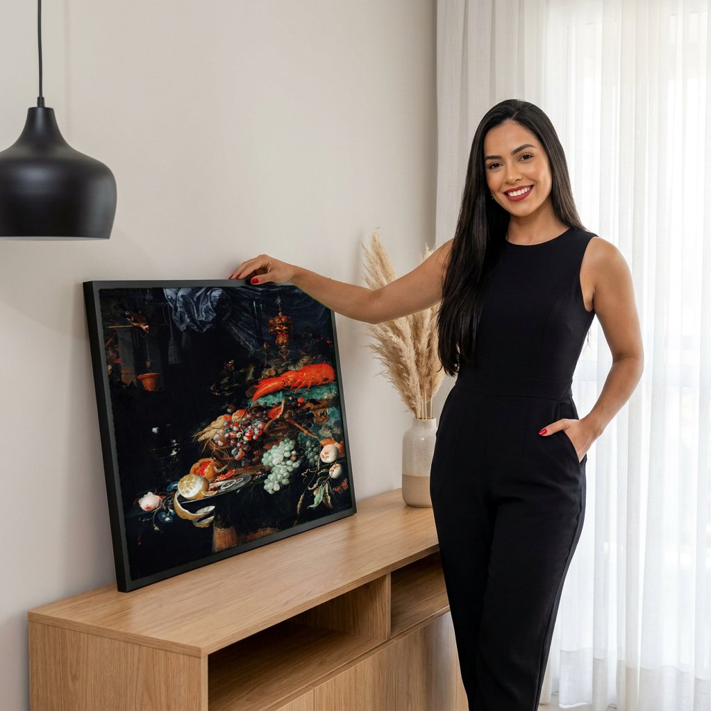 Quadro Decorativo Natureza-Morta com Lagosta e Frutas - Abraham Mignon | modelo apresentando o quadro emoldurado