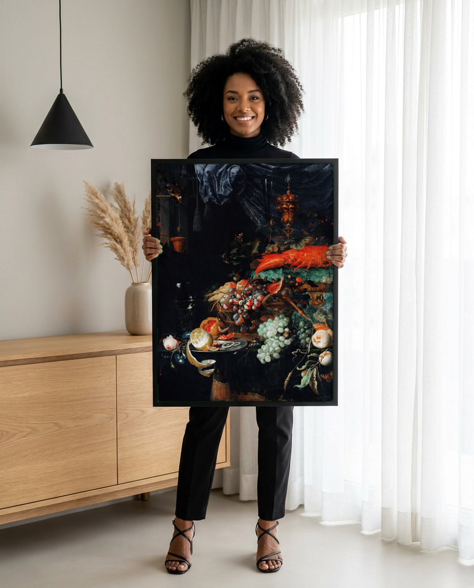 Quadro Decorativo Natureza-Morta com Lagosta e Frutas - Abraham Mignon | modelo apresentando o quadro emoldurado