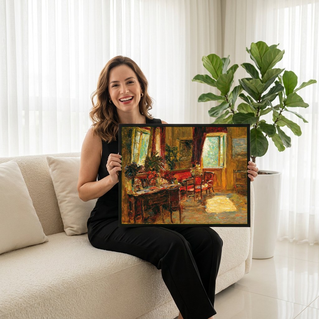 Quadro Decorativo Interior Iluminado - Olga Wisinger-Florian | modelo apresentando o quadro emoldurado