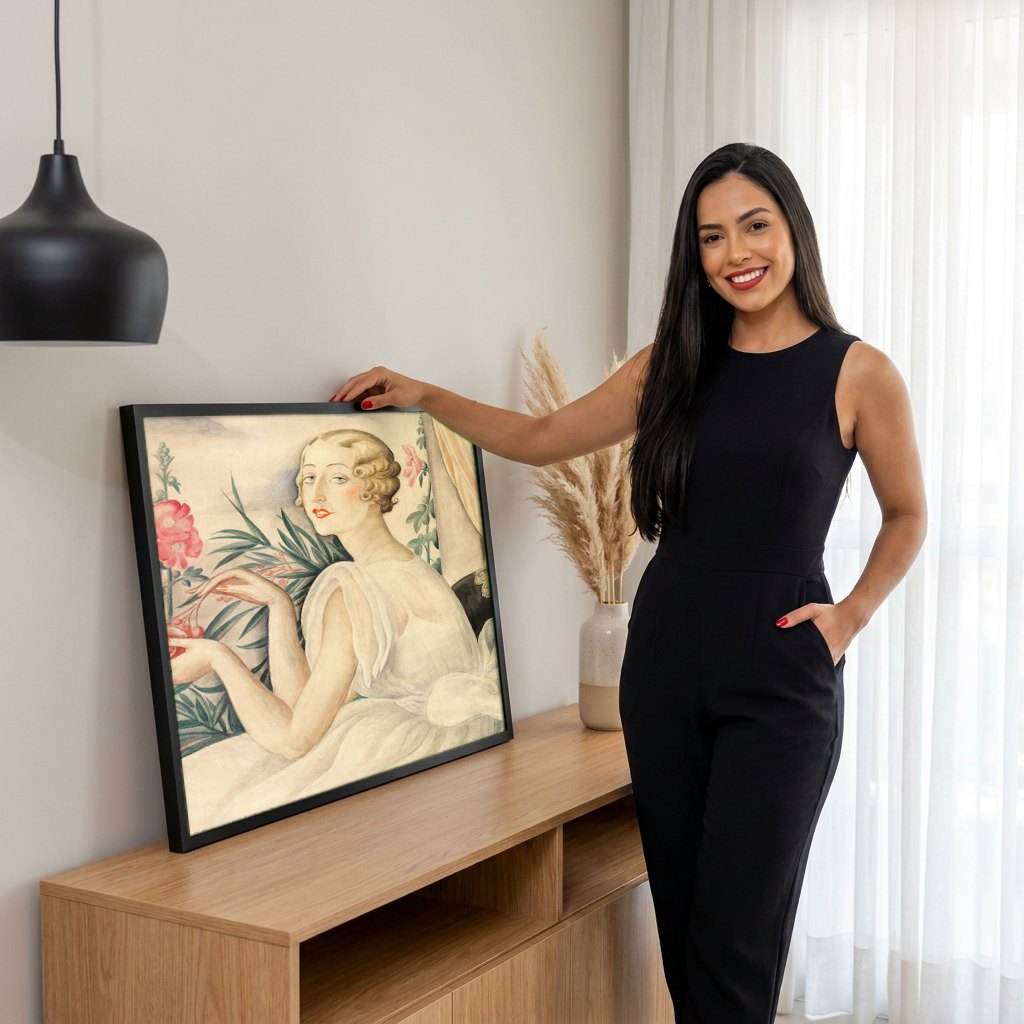 Quadro Decorativo A Mulher e as Flores - Gerda Wegener | modelo apresentando o quadro emoldurado