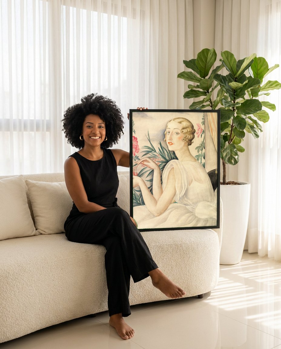 Quadro Decorativo A Mulher e as Flores - Gerda Wegener | modelo apresentando o quadro emoldurado