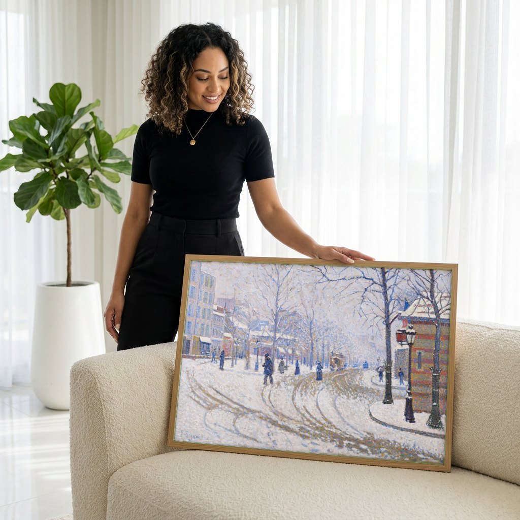 Quadro Decorativo Neve em Paris - Paul Signac | modelo apresentando o quadro emoldurado