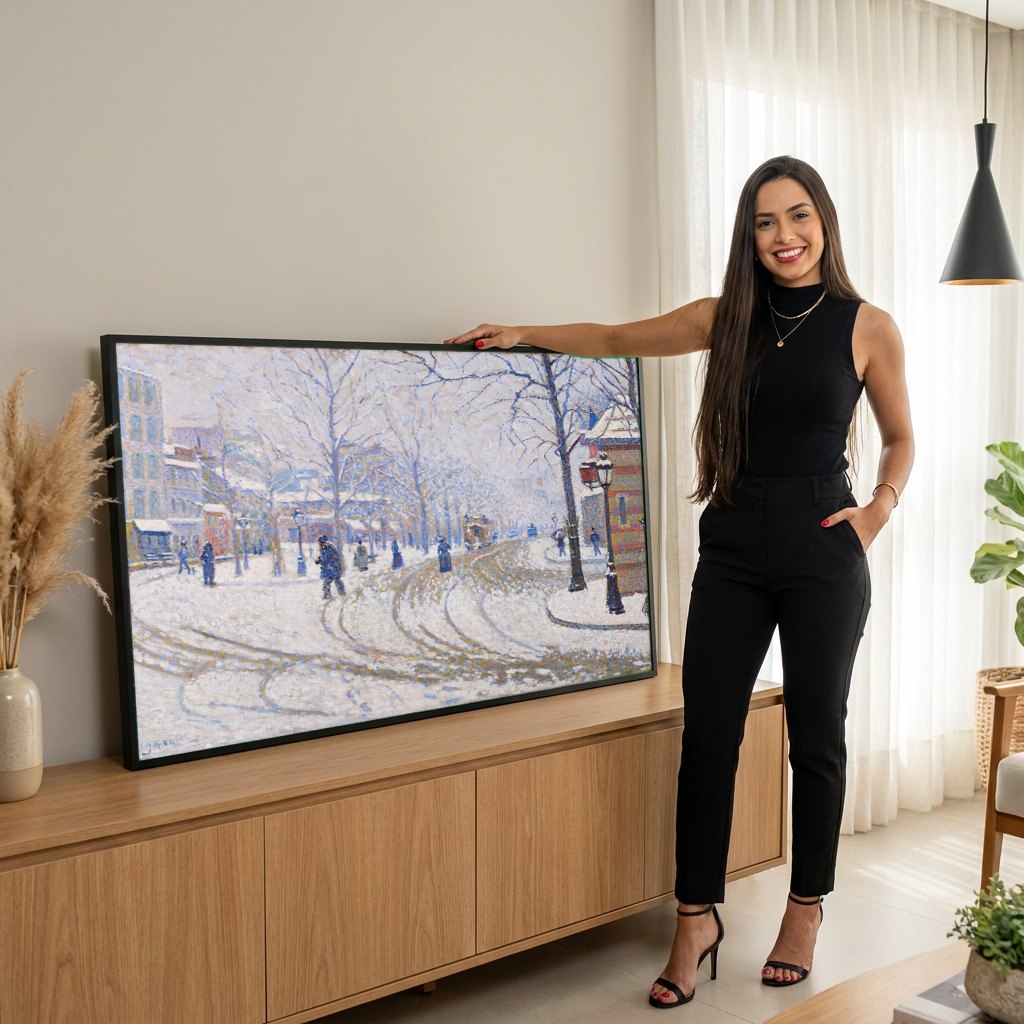 Quadro Decorativo Neve em Paris - Paul Signac | modelo apresentando o quadro emoldurado
