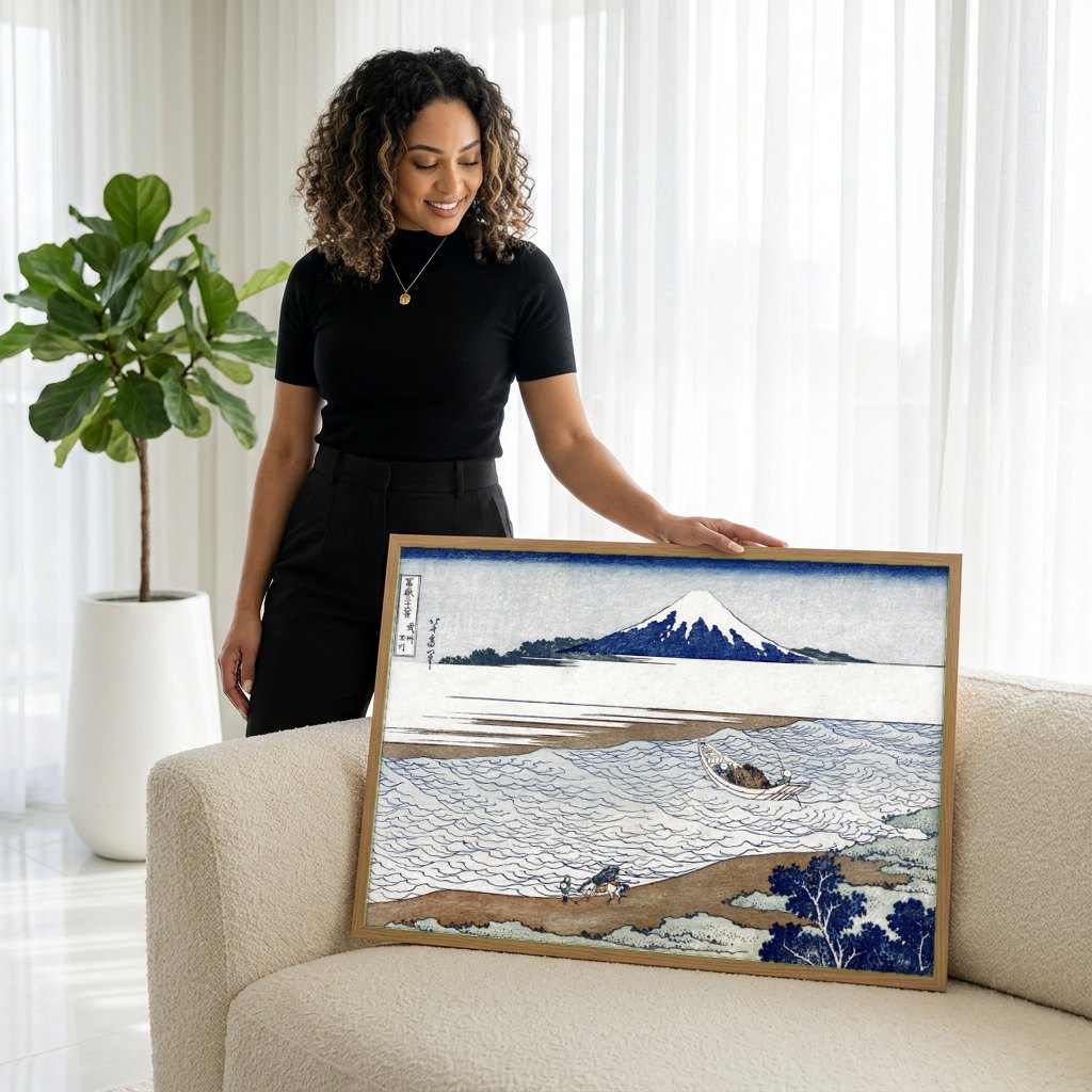 Quadro Decorativo A Grande Onda de Kanagawa - Hokusai | modelo apresentando o quadro emoldurado