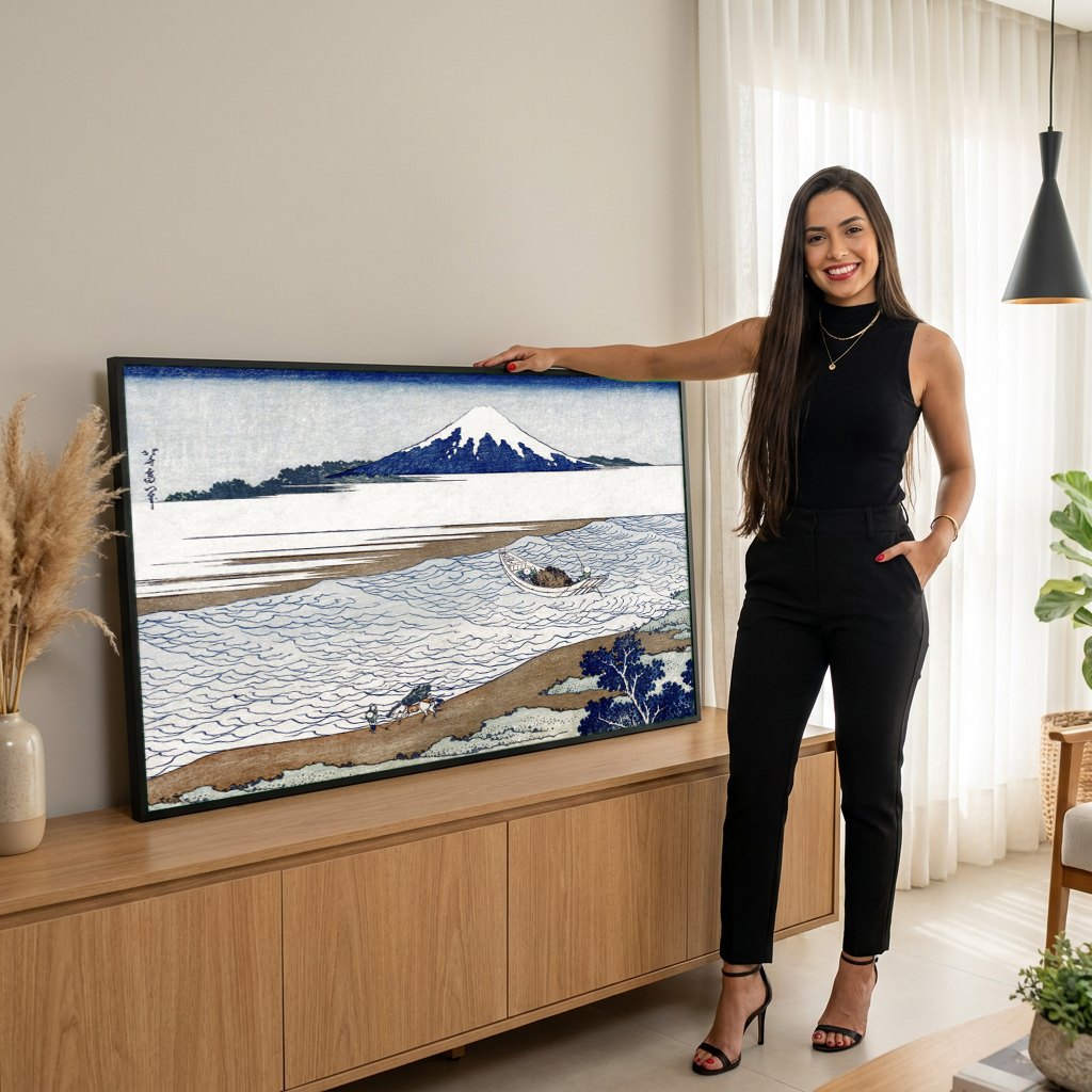Quadro Decorativo A Grande Onda de Kanagawa - Hokusai | modelo apresentando o quadro emoldurado