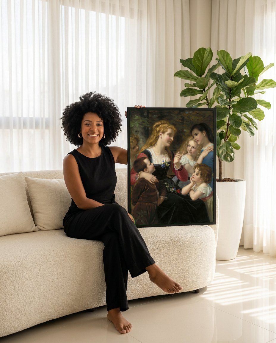 Quadro Decorativo A História Contada - Hugues Merle | modelo apresentando o quadro emoldurado