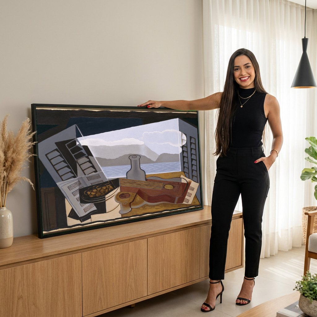 Quadro Decorativo A Janela Aberta - Juan Gris | modelo apresentando o quadro emoldurado