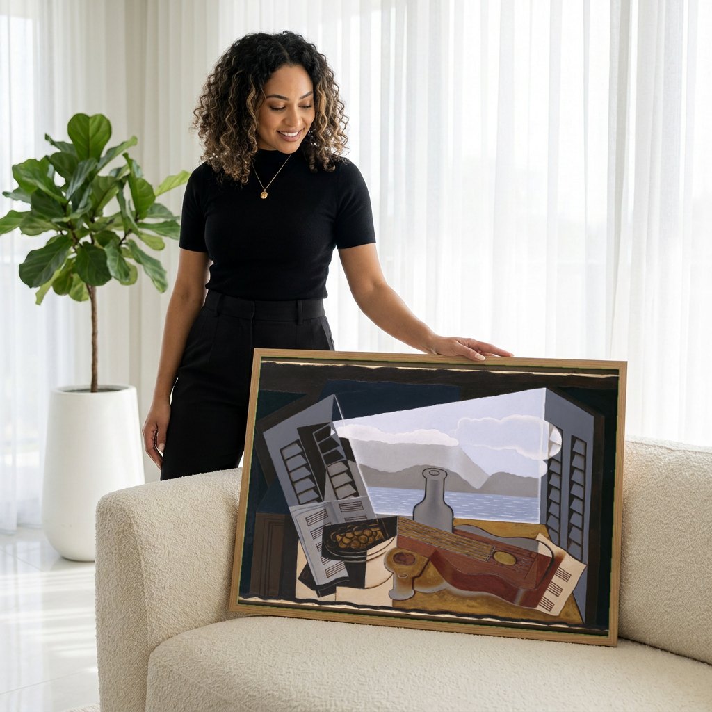 Quadro Decorativo A Janela Aberta - Juan Gris | modelo apresentando o quadro emoldurado