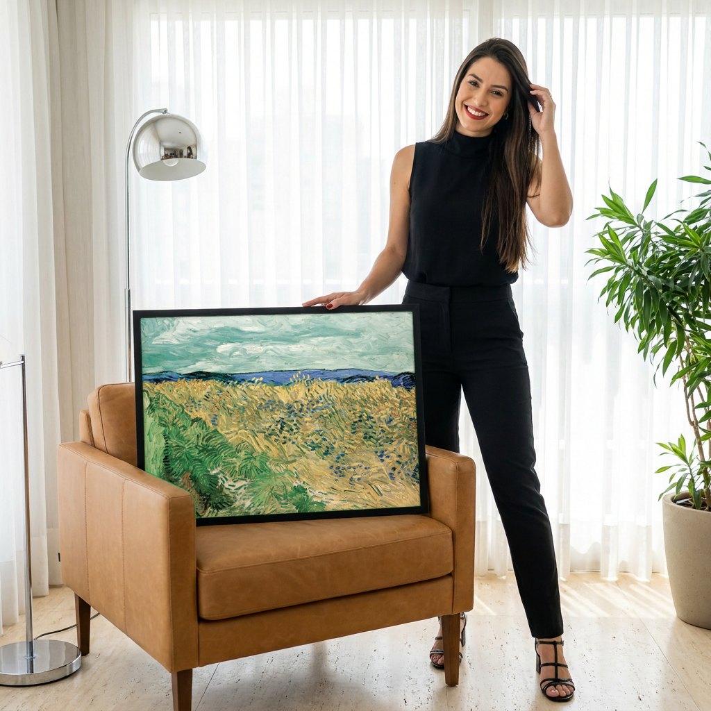 Quadro Decorativo Campo de Trigo - Van Gogh | modelo apresentando o quadro emoldurado