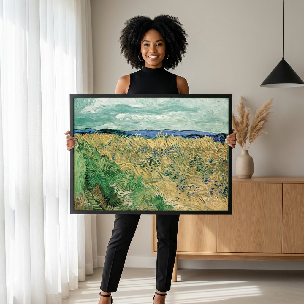Quadro Decorativo Campo de Trigo - Van Gogh | modelo apresentando o quadro emoldurado