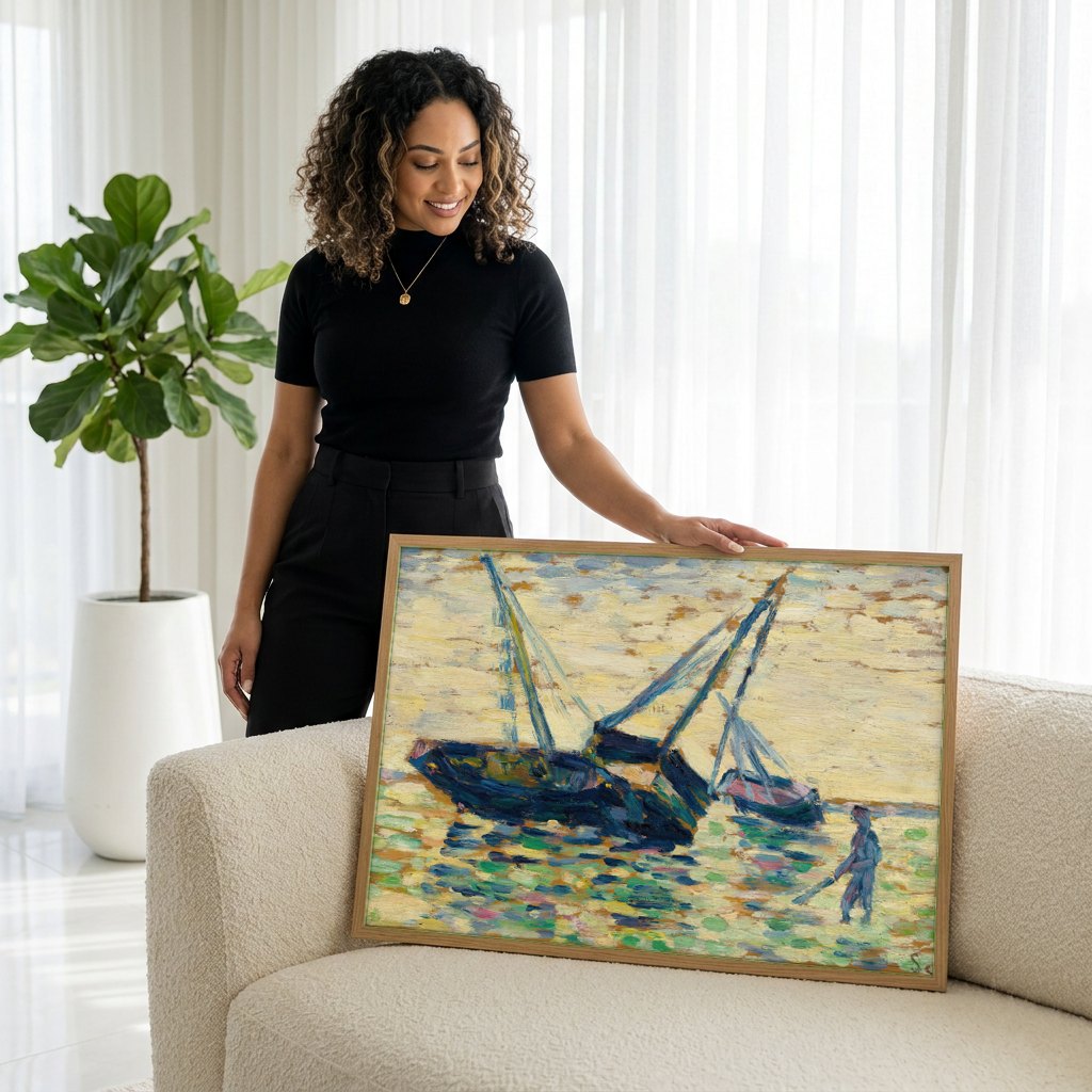 Quadro Decorativo Porto com Barcos - Georges Seurat | modelo apresentando o quadro emoldurado