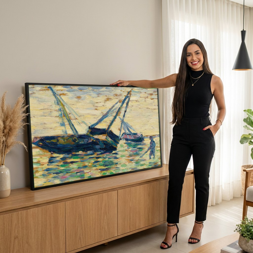 Quadro Decorativo Porto com Barcos - Georges Seurat | modelo apresentando o quadro emoldurado