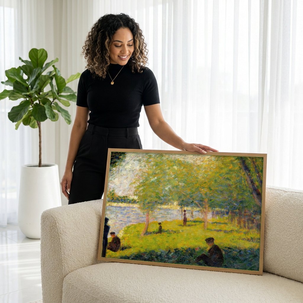Quadro Decorativo A Margem do Sena - Georges Seurat | modelo apresentando o quadro emoldurado