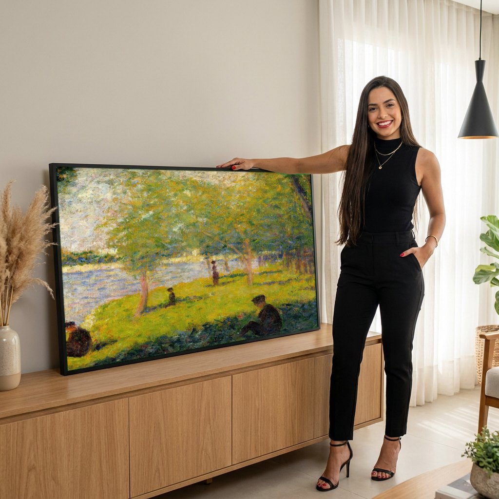 Quadro Decorativo A Margem do Sena - Georges Seurat | modelo apresentando o quadro emoldurado