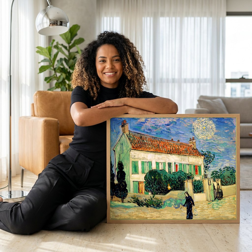 Quadro Decorativo A Casa Amarela - Van Gogh | modelo apresentando o quadro emoldurado