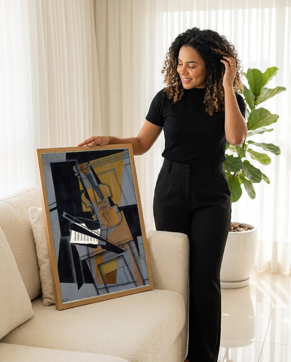 Quadro Decorativo Violino e Piano - Juan Gris | modelo apresentando o quadro emoldurado