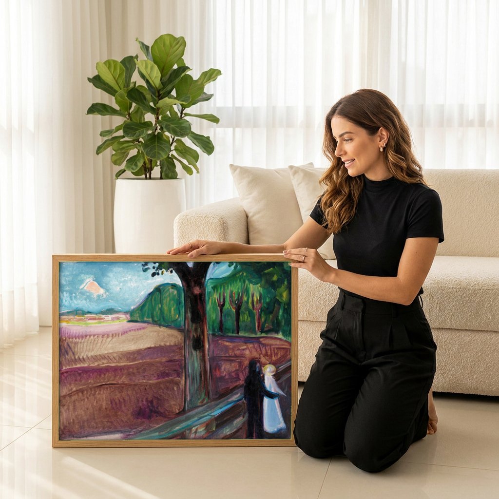 Quadro Decorativo Duas Figuras na Paisagem - Edvard Munch | modelo apresentando o quadro emoldurado
