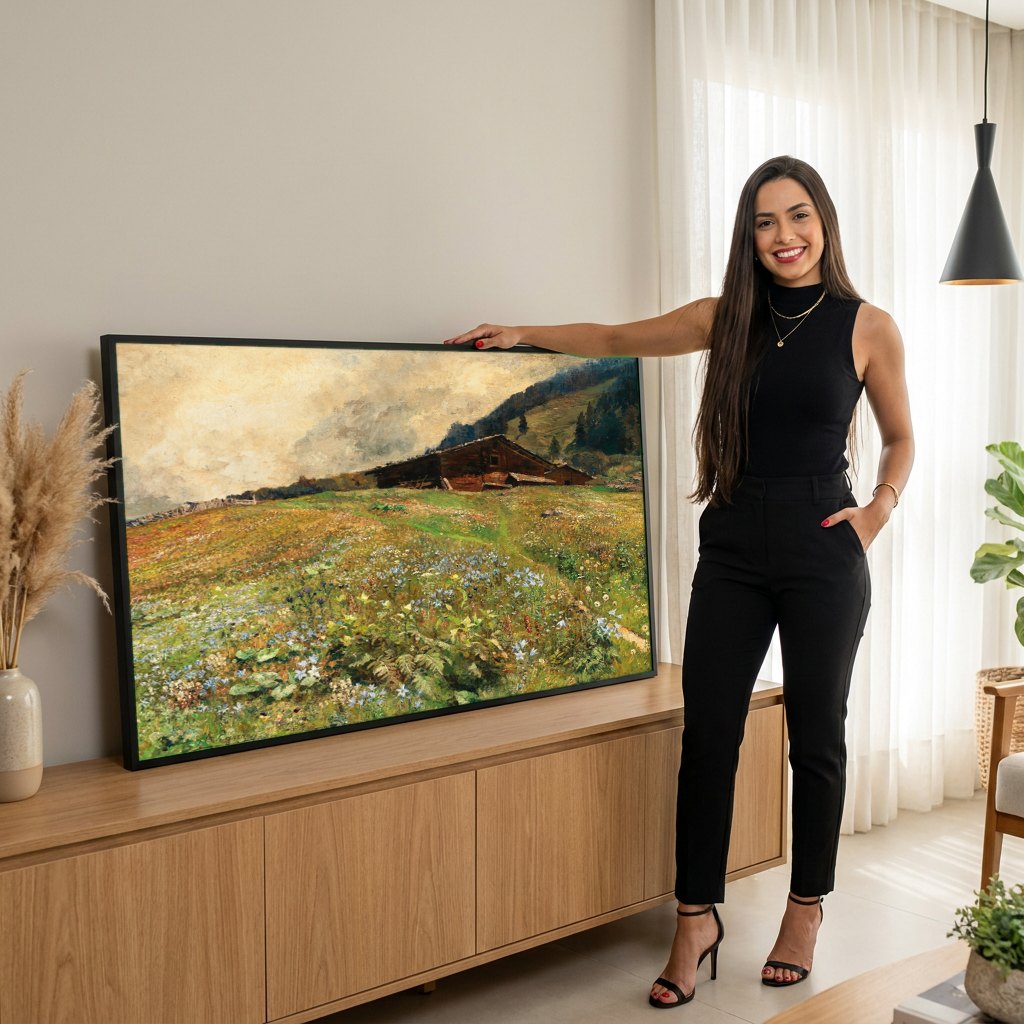Quadro Decorativo Campo Florido - Marie Egner | modelo apresentando o quadro emoldurado