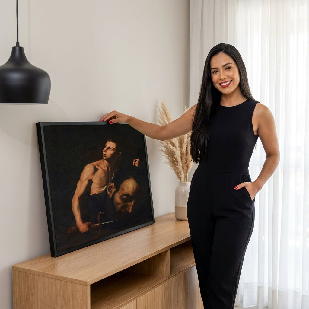 Quadro Decorativo Davi com a Cabeça de Golias - Jusepe de Ribera | modelo apresentando o quadro emoldurado