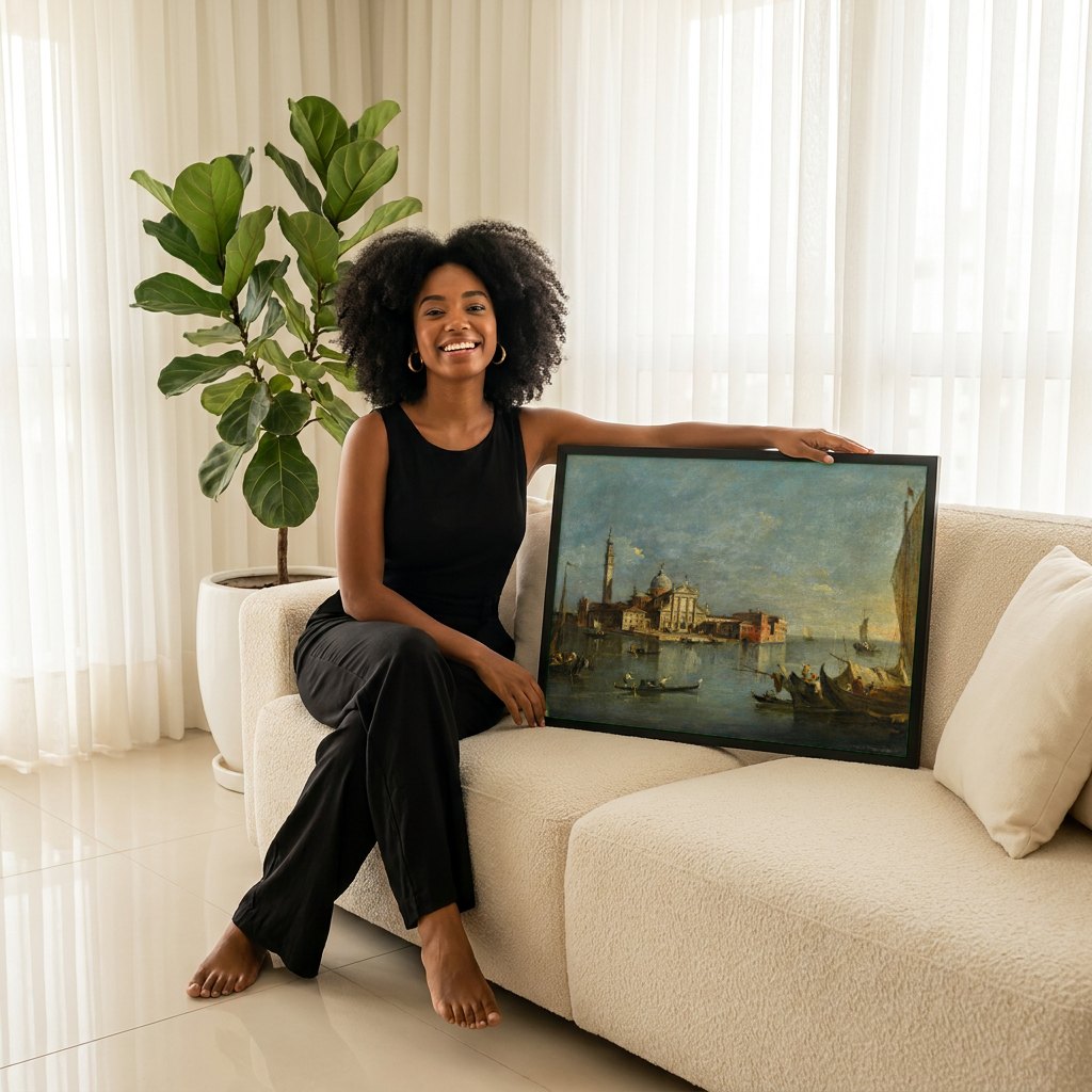 Quadro Decorativo Vista da Ilha de San Giorgio Maggiore - Guardi | modelo apresentando o quadro emoldurado