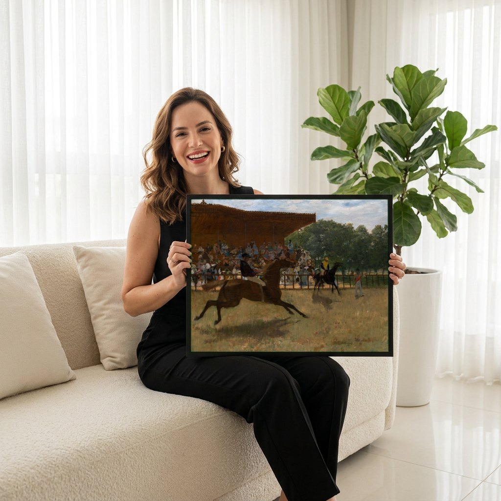 Quadro Decorativo Corrida de Cavalos - Edgar Degas | modelo apresentando o quadro emoldurado