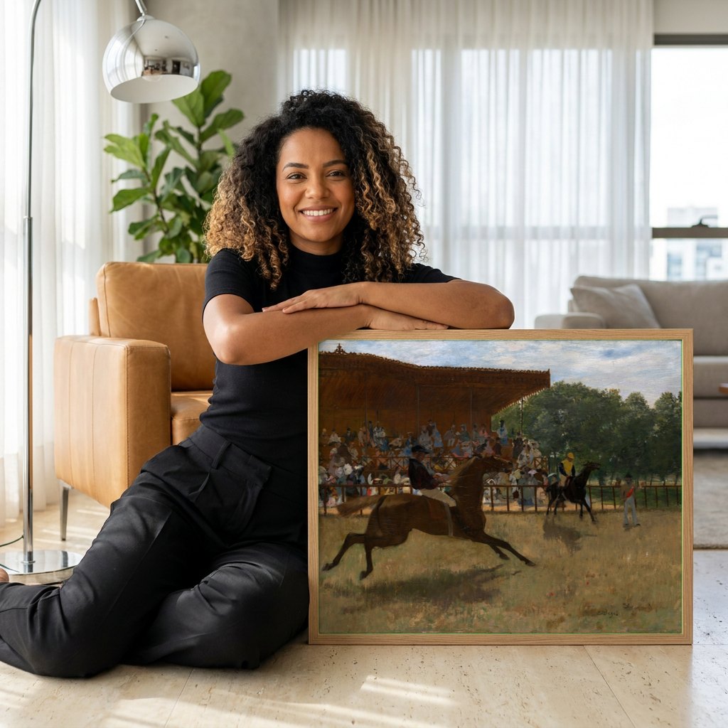 Quadro Decorativo Corrida de Cavalos - Edgar Degas | modelo apresentando o quadro emoldurado