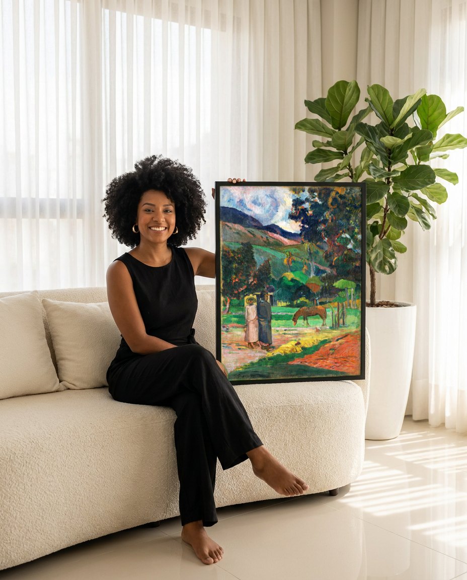 Quadro Decorativo Paisagem Tropical - Gauguin | modelo apresentando o quadro emoldurado