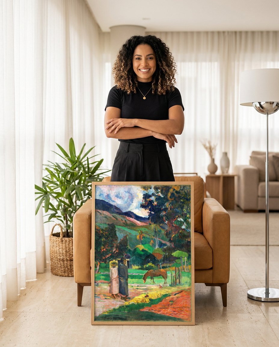 Quadro Decorativo Paisagem Tropical - Gauguin | modelo apresentando o quadro emoldurado
