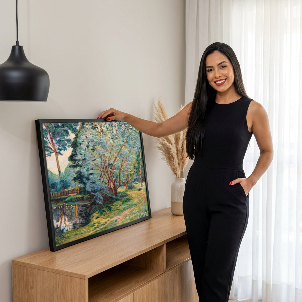 Quadro Decorativo Paisagem com Árvores - Guillaumin | modelo apresentando o quadro emoldurado